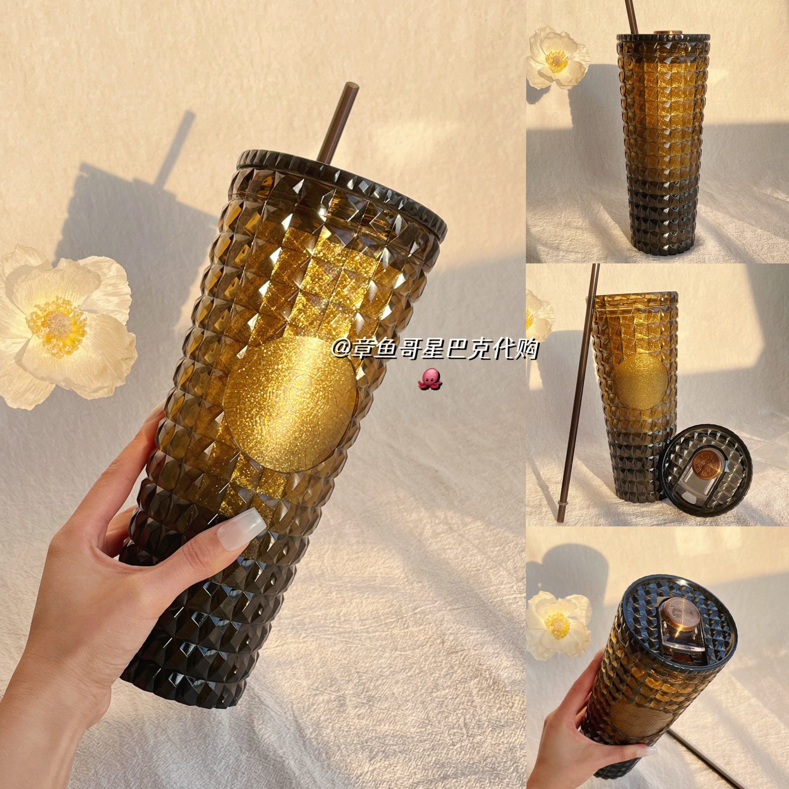 Starbucks coffee treasure black and gold collection - 710ml Black Gold Plastic Diamond Cup with Dual Drinking Spouts