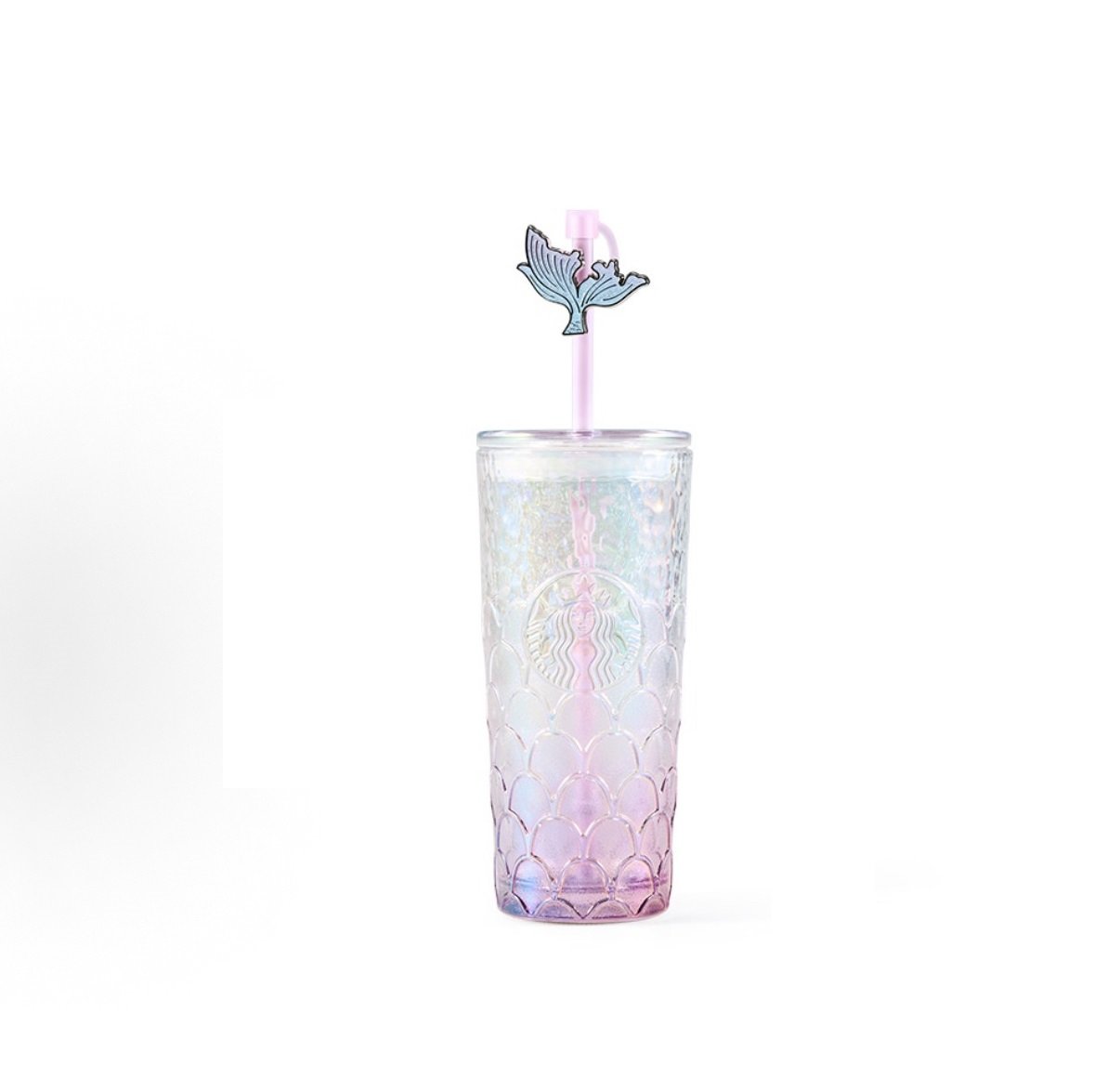 490ml iridescent fish scale glass with straw decoration 