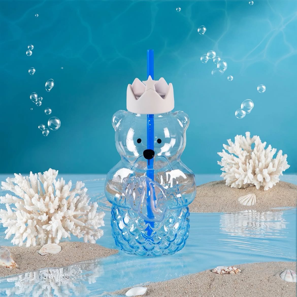 Starbucks Taiwan Mermaid Series Glass Straw Cup with Cute Bear Crown Straw Cup (Transparent)