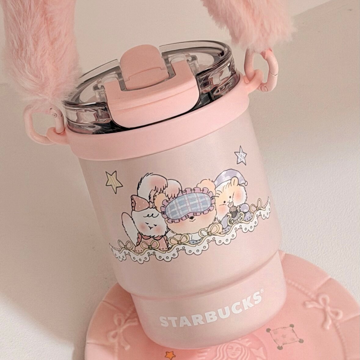 435ml Pink Stainless Steel Mug with Double Drinking Spout and Handle