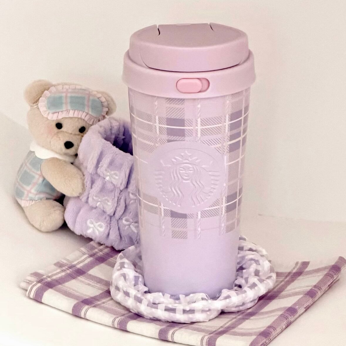 500ml Purple Stainless Steel Thermos Mug with Plush Sleeve 