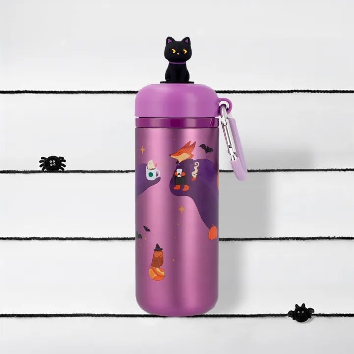 Purple Starlit Party Stainless Steel Waterbottle with Black Cat Stopper 12oz