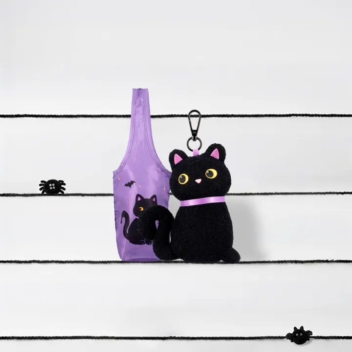 Foldable Cup Bag With Black Cat Plush